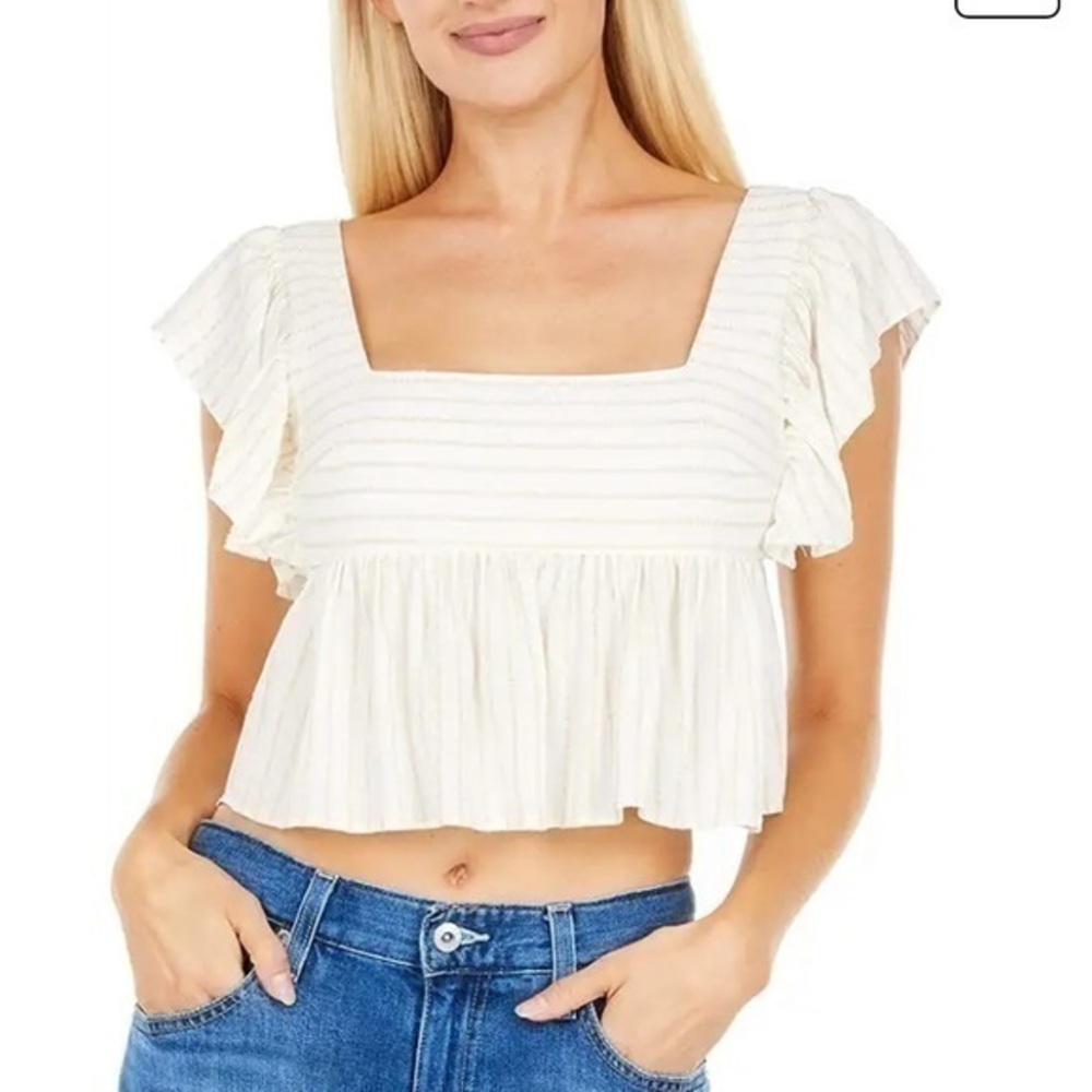 BCBGMAXAZRIA Stripe Ruffle off white Top